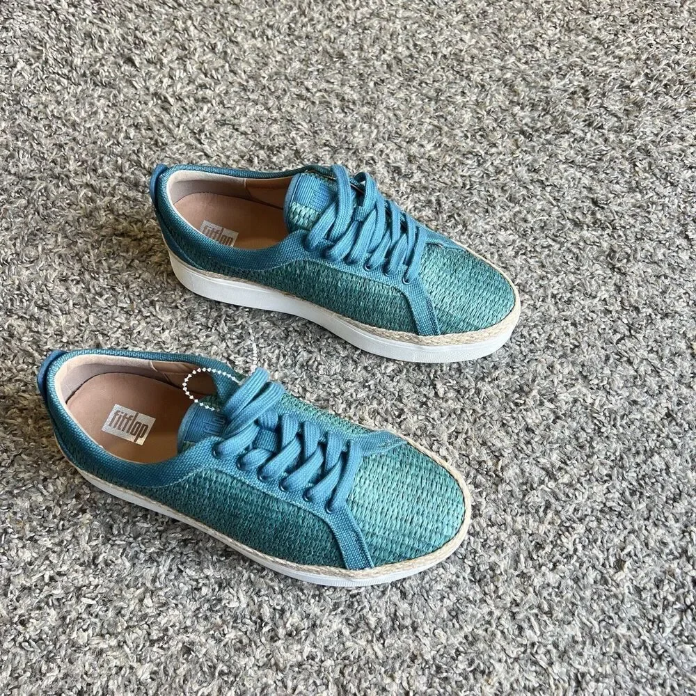 FitFlop Rally Basket Weave Raffia Fashion Sneakers Shoe Lace Blue Women US 5 New
